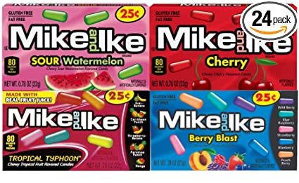 Mike & Ike Chewy Candy Variety Pack | Berry Blast, Tropical, Watermelon, Cherry | 24 Pack