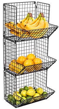 Sorbus 3-Tier Fruit Stand & Wall Mount Kitchen Storage Bin Multipurpose Foldable Organizer, Great for Kitchen, Bathroom, Laundry Organization (Black)