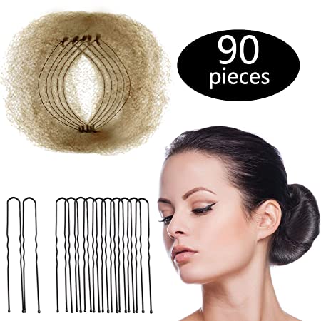 Hair Nets Invisible Elastic Edge Mesh and U Shaped Pins Set, 50 Pieces 50 cm Individual Package Invisible Hair Nets, 40 Pieces U Shaped Pins for Ballet Bun, Sleeping, Women and Wig (Light Linen)