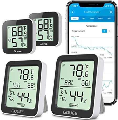 Bundle-4 Items: Govee Hygrometer Thermometer 4 Pack, Humidity Temperature Gauge with App Alert, Mini Bluetooth Digital Thermometer Humidity Sensor with Data Storage