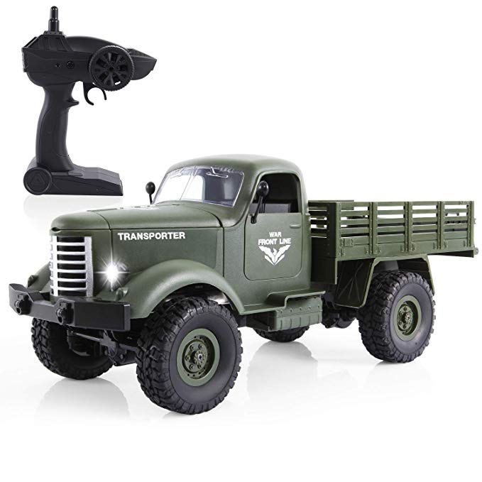 SGILE Remote Control Truck Toy, 1:16 4WD RC Military Off-Road Truck Car for Kids, 2.4 GHZ Rock Army Crawler Car for Birthday Gift, Green
