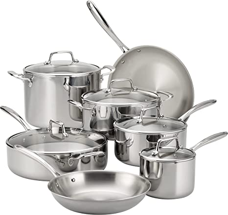 Tramontina Stainless Steel Tri-Ply Clad 12-Piece Cookware Set, Glass Lids, 80116/1012DS