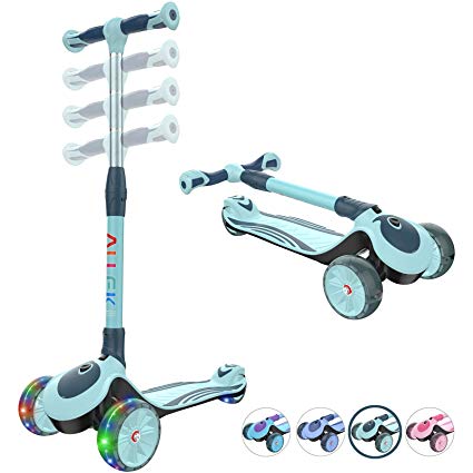 Allek F01 Folding Kick Scooter for Kids, 3-Wheel LED Flashing Glider Push Scooter with Height Adjustable and Foldable Handlebar, Dual Color Anti-Slip Wide Deck for Boys Girls 3-12