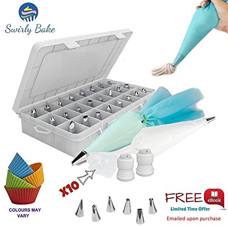 Cake Piping Tips 50 Piece Set: 30 Stainless Steel Piping / Icing Nozzles Tips with Storage Case, 2 Reusable Piping Bags, 2 Couplers, 10 Disposable Piping Bags and 4 Silicone Cupcake Moulds || An Exclusive e-Book Included ||