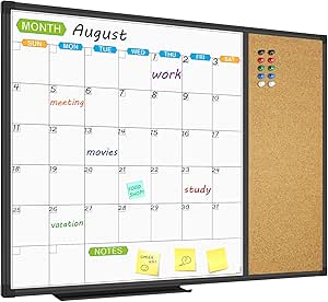 JILoffice Magnetic Calendar Whiteboard & Bulletin Corkboard Combination, Combo Board 28 x 20 Inch, Black Aluminum Frame Wall Mounted Board for Office Home and School with 10 Push Pins