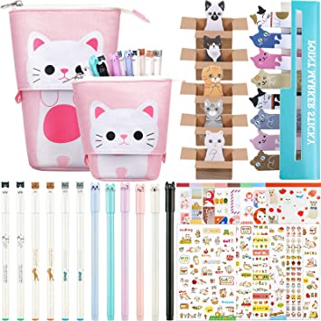 417 Pieces Cute Cat Stationery Set Cat Transformer Stand Pencil Pouch Bag Cat Gel Ink Pens Sticky Memos Sticker Sheet Cat Sticker Album Bookmark Page Flag for School Office Supplies (Pink Cat)