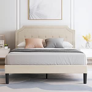 VECELO Full Upholstered Platform Bed Frame with Adjustable Button Stitched Panel Headboard,Strong Wood Slat Support,Velcro Design,Mattress Foundation/Easy Assembly,Beige