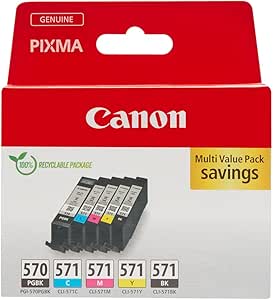 Canon PGI-570 BK CLI-571 BK C M Y PGBK Pack of 5 cartridges (Black Cyan Magenta Yellow Office Black Colour) Genuine (Recycled Cardboard Multipack)