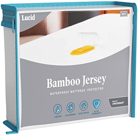 LUCID Premium Rayon from Bamboo Jersey Mattress Protector - Ultra Soft - Waterproof - Dust Mite Proof - Hypoallergenic - Queen