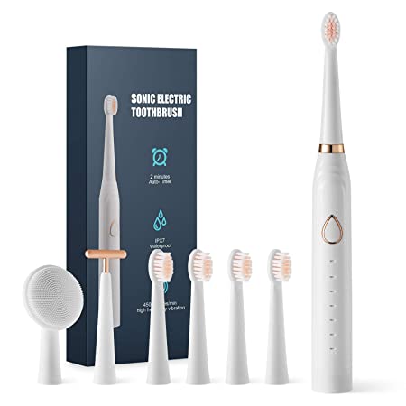 Sonic electric toothbrush,with 6 brushing modes, smart timer and IPX7 waterproof, with 5 DuPont brush heads,1 face washing brush head, and 1 facial massage brush head