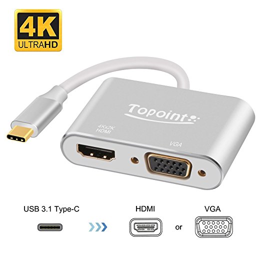 USB C to HDMI VGA Adapter, Topoint 2 in 1 USB 3.1 Type C to VGA HDMI 4K UHD Converter Adaptor Dual screen display with Aluminium Case for 2017/2016 MacBook Pro/Chromebook Pixel/Samsung Galaxy S8 S8