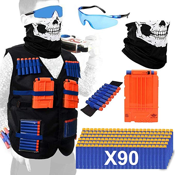 POKONBOY Tactical Vest Kits Compatible Nerf Gun, 1 Pack N-Strike Elite Tactical Vest Jacket 1 Wrist Band, 1 Quick Reload Clips, 1 Protective Glasses, 1 Face Mask 90 Bullets Kids Fun