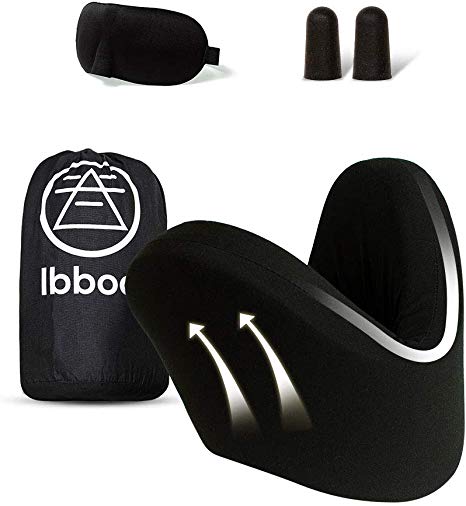Ibboo Travel Pillow for Airplanes,100% Pure Memory Foam Ergonomic 360° Support Neck Pillow Pain Relief for Adults, Portable Comfortable U-Shaped Pillow for Sleeping with Eye Mask & Earplug & Carry Bag