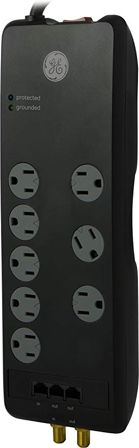 GE Pro Surge Protector, 8 Outlet Power Strip, 4ft Extension Cord, 3 Phone/Dsl/Modem Line Ports, 2 Cable/Coax Ports, 3 Extra Wide Adapter Spaced Outlets, Flat Plug, 2100 Joules, Black, 14095