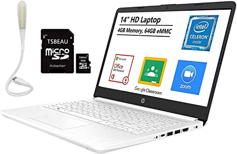 HP Stream 14" Nontouch Laptop, Intel Celeron N4020, 4GB Memory, 64GB eMMC Windows 10S, Office 365 Personal One Year(Google Classroom or Zoom Compatible) Bundled TSBEAU 16 GB Micro SD Card&LED Light