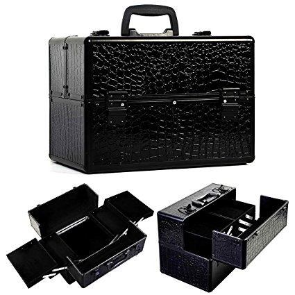 Safstar Professional Makeup Train Case Artist Cosmetic Organizer Kit Jewelry Box Lockable for Travel, 14" X 9" X 10" (Black)