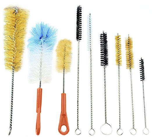 McKay 9 Piece Variety Pack Wire Tube and Bottle Brush Cleaning Set- Variable Sizes & Shapes Brushes - Bristles Fabricated with Soft and Stiff Natural Boar Bristles or Nylon, Hog Hair - Easy to Clean