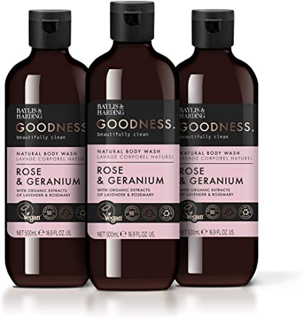 Baylis & Harding Goodness Rose & Geranium, 500ml Body Wash, Pack of 3,GRBWRG