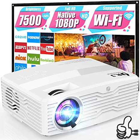 [Native 1080P WiFi Projector] DR. J Professional 7500Lumens Projector for Outdoor Movies, Wireless Mirroring/4K/TV Stick/HDMI/USB Supported [Projector Screen Included]