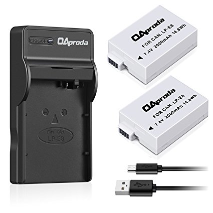 OAproda 2 Pack LP-E8 Batteries and Ultra Slim Micro USB Charger for Canon EOS Rebel T2i, T3i, T4i, T5i, EOS 550D, EOS 600D, EOS 650D, EOS 700D Digital Camera ( Fast Charge, Less Weight )