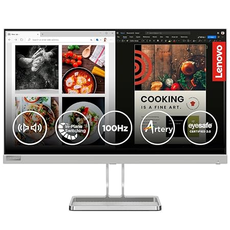 Lenovo L-Series 60.45cm (24 inch) FHD IPS Ultraslim Monitor | 100Hz, 99% sRGB, AMD FreeSync, HDMI, Tilt Stand, 2x3W Speakers, Smart Display Customization Artery, Home & Office Use, Cloud Grey, L24i-40