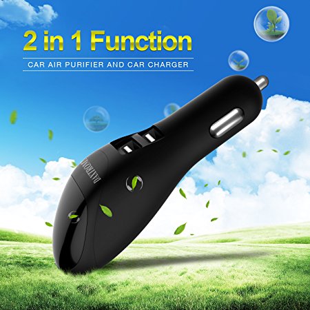 Car Air Purifier and Car Charger, DAXTROMN 2 in 1 Ionic Air Cleaner Ionizer with 2 USB Port Smart Car Charger-Remove odors and Charge devices【24 Months Warranty】(Black)