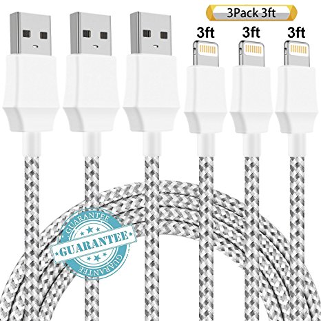 DANTENG iPhone Cable 3 Pack 3FT, iPhone Charging Cord Nylon Braided to USB Lightning Cable for iPhone X, 8 , 8, 7, SE, 5, 5s, 6s, 6, 6 Plus, iPad Air, Mini, iPod (GreyWhite)