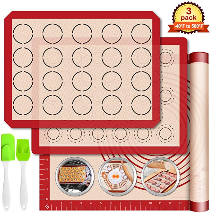 Silicone Baking Mats with Measurement - Set of 3 Sheet (1 Large 2 Half) Non-stick Pastry Mat for Rolling Dough Kitchen Kneading Mat for Making Cookies, Macaron, Bread, Pizza, Pie Reusable Oven Liner