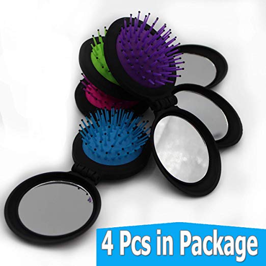Travel Makeup Hair Brushes Mirror Folding Hair Brush Gifts for Women Pocket Wet Magic Mini Round Hair Comb Mirror (4 Pcs)