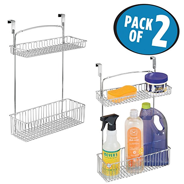 mDesign Over-the-Cabinet Kitchen Hanging 2-Tier Storage Organizer Shelf for Cleaning Supplies - Pack of 2, Chrome