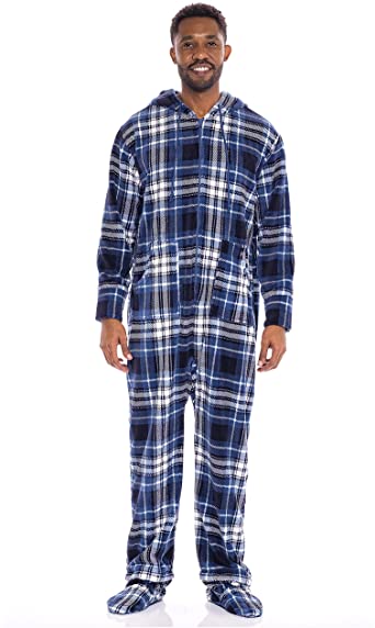 Alexander Del Rossa Men's Warm Fleece One Piece Footed Pajamas, Adult Onesie with Hood for Winter