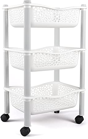 Kitchen Storage Trolley cart with Storage Baskets and Wheels Fruit Vegetable Rack - Heavy Duty Plastic - White