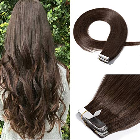 18 Inch Tape in Hair Extensions Remy Human Hair #04 Medium Brown Long Straight Hair Seamless Skin Weft Invisible Double Sided Tape 20pc/pack 30g  10 Free Tape Bonds