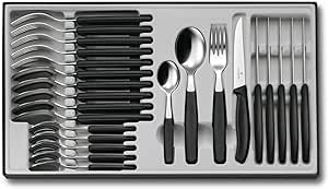 Victorinox Swiss Classic Ménagère, 24 Pièces Set de Couverts, pour 6 Personnes, 6 X Couteaux à Steak, 6 X Fourchet tes de Table, 6 X Cuillères à Soupe, 6 X Cuillères à Café, Noir