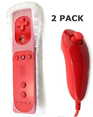 AMGGLOBAL® 2 x Nunchuck 2 x Remote Nunchuk Controller For Nintendo Wii Remote WII   FREE SILICONE COVER PINK BLACK BLUE WHIE RED Bundle (RED)