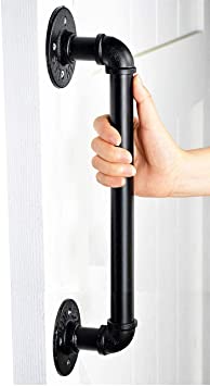 14" Industrial Pipe Black Iron Barn Door Pull Bar Handles Knobs, Rustic Front Exterior Gate Interior Sliding Hardware. (1 Pack 14 inch)