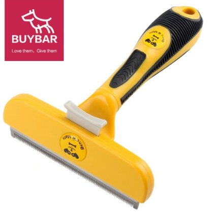 BUYBARTM Dog Brush For Deshedding 4" Pet Grooming Shedding Brush with Fur Ejector Button Great For Short & Long Hair Dogs or Cats (4 inch, Yellow)