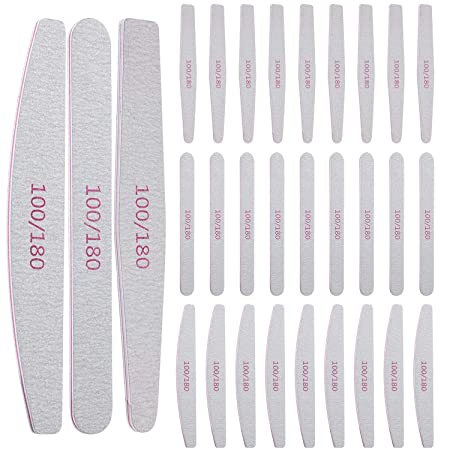 30 Pieces Nail Files for Acrylic Gel Nails, Double Sided Emery Board 100/180 Grit Manicure Pedicure Tools Nail Buffering Files for Home and Salon Use, 3 Shapes