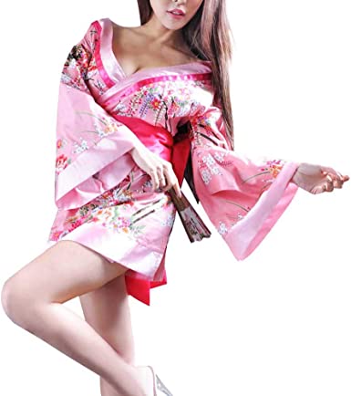 Women's Kimono Costume Adult Japanese Geisha Yukata Sweet Floral Patten Gown Blossom Satin Bathrobe Sleepwear with OBI Belt