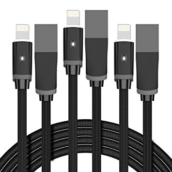 Aimus Lightning Cable, 6FT 4FT 4FT 3Pack w LED Light iPhone Cable Cotton Braided iPhone Charger Fast Charging USB Cord for iPhone 7/7 Plus/6s/6s Plus/6/6 Plus/5/5S/5C/SE/iPad Air/Mini and iPod (Black)