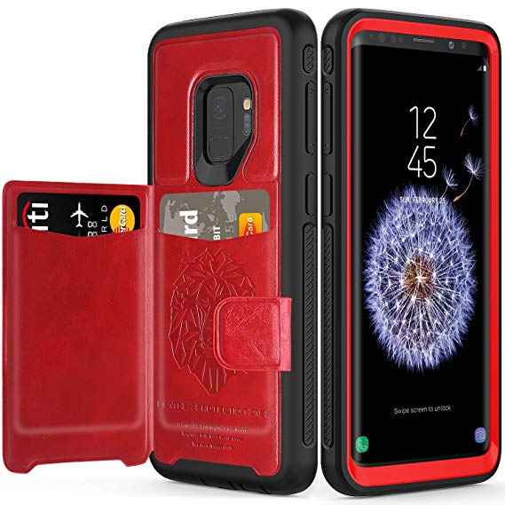 Galaxy S9 Case with Kickstand,SXTech (Leather Cover Series) Slim Yet Protective with Card Holders.Built-in Magnetic Backing Wallet Case Fit for Samsung Galaxy S9 5.8 Inch (2018) Cover-Red