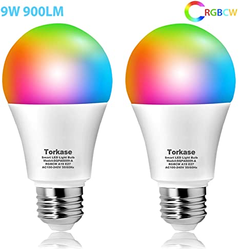 Alexa WiFi Smart Light Bulbs Torkase 9W (80W Equivalent) E27 Screw RGB Dimmable Bulb Remote Control and Voice Control Compatible with Amazon Alexa, Google Home, No Hub Required - 2PACK