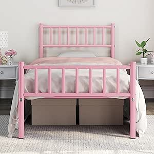 Yaheetech Single Metal Bed Frames with Slatted Headboard and Footboard/Solid Slat Support Pink/Ground Clearance: 32 cm/3ft bed Frames