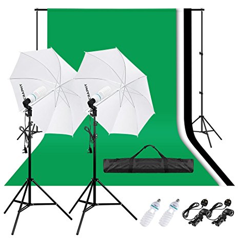 CRAPHY Photo Studio 250W Umbrella Continuous Lighting Kit-125W Light Bulb  33" Umbrella  80"Light Stand 3Mx2M Background Support System with Bag 1.8Mx2.8M Cotton Backdrop(Green,White,Black),UK Plug
