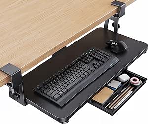 HUANUO Large Under Desk Keyboard Tray with Sturdy C-Clamp Mount, 26 (30.16" Including Clamps) x 12 inch Slide-Out Platform Computer Desk Heavy Duty Keyboard Tray with Storage Drawer for Typing, Black