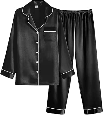 Ekouaer Women Satin Pajamas Set Classic Button Down Long Pjs Set