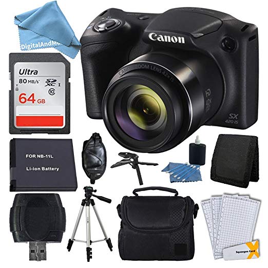 Canon PowerShot SX420 20 MP Digital Camera (Black)   64GB SDHC Memory Card   Deluxe Carrying Case   Extra Battery   50" Quality Tripod   Hand Grip   Cleaning Kit   DigitalAndMore PLUS Accessories