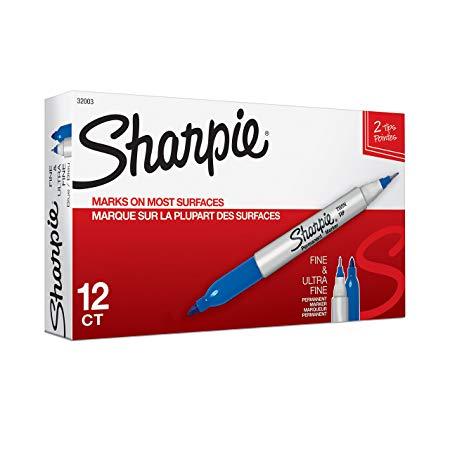 Sharpie 32003 Twin Tip Fine Point and Ultra Fine Point Permanent Marker, Blue, 12-Pack