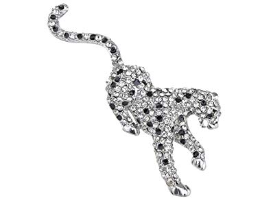 Alilang Womens Crystal White Snow Leopard Wild Cat Animal with Dangling Mouse Lapel Brooch Pin
