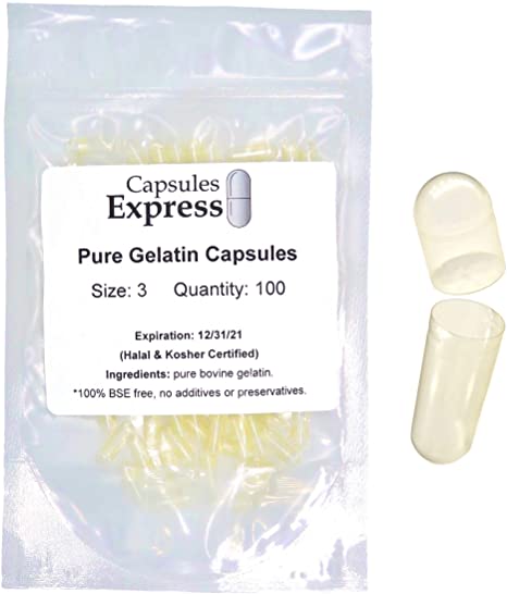 Capsules Express- Size 3 Clear Empty Gelatin Capsules 100 Count- Kosher and Halal Certified - Gluten-Free Pure Bovine Gelatin Pill Capsule - DIY Powder Filling